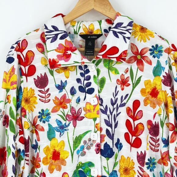 Ali Miles Womens Floral Button Up Shirt Size 1X 3/4 Bell Sleeves Artsy Colorful - Picture 2 of 10